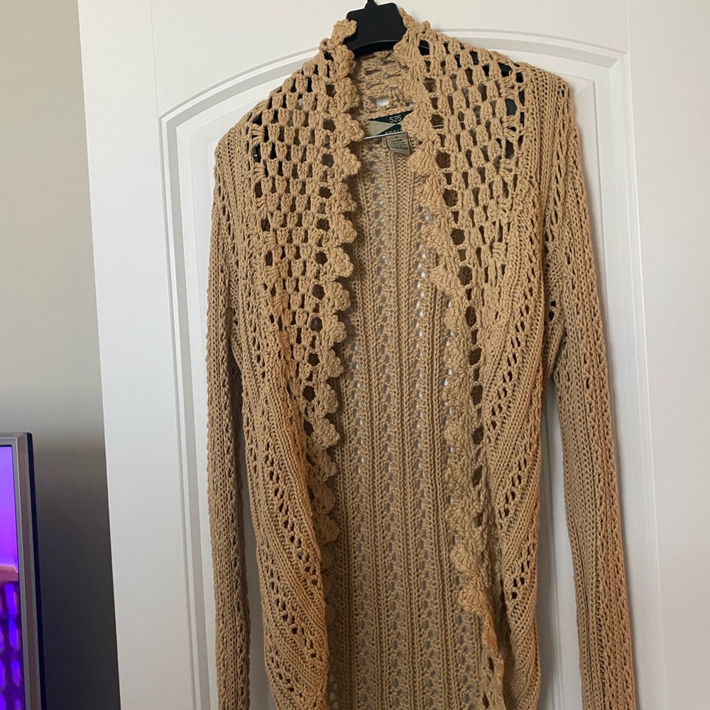 Beige Open-Knit Cardigan Sweater